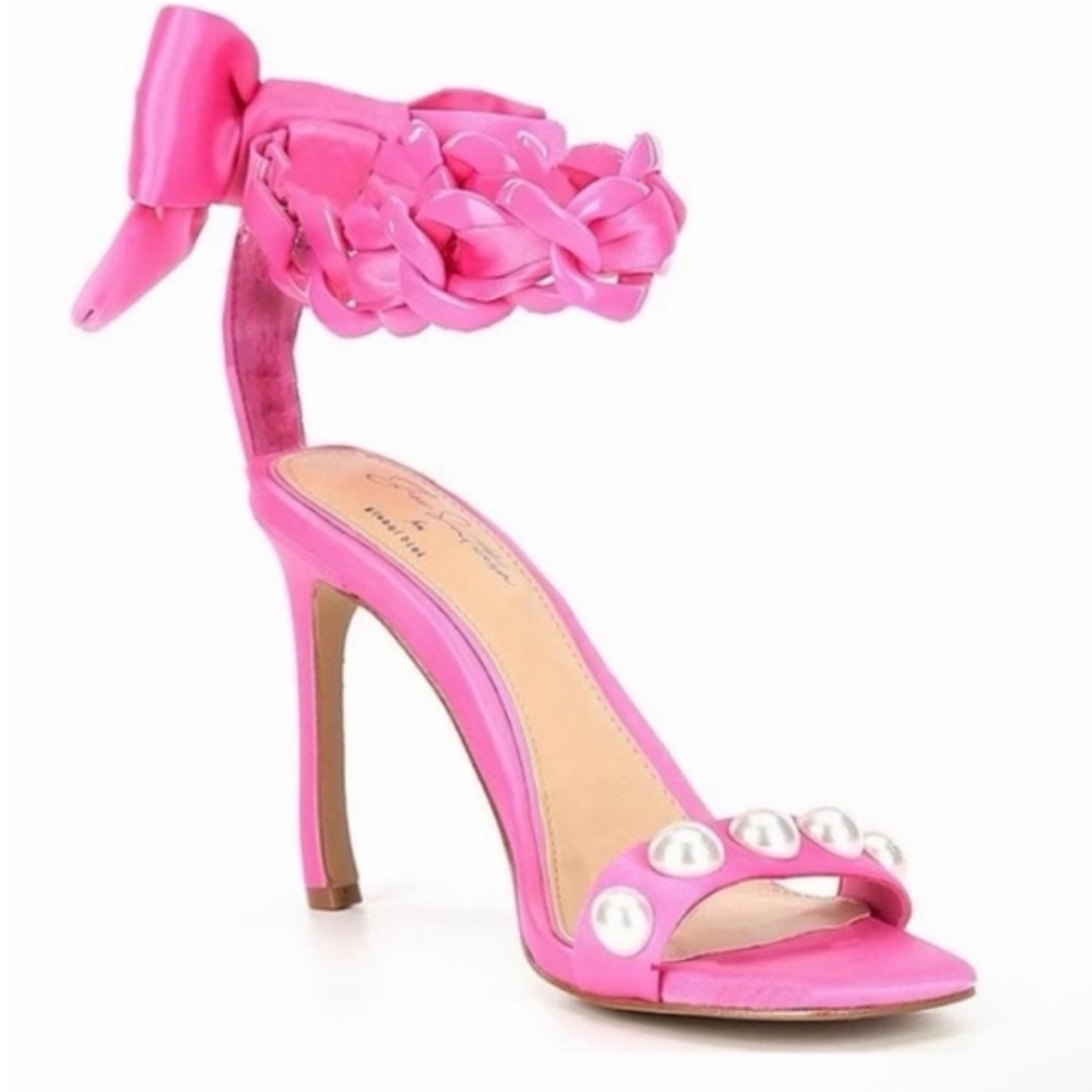 Gianni Bini x Jess Southern Jean Pearl Studded Bow Back Chain Dress Sandals